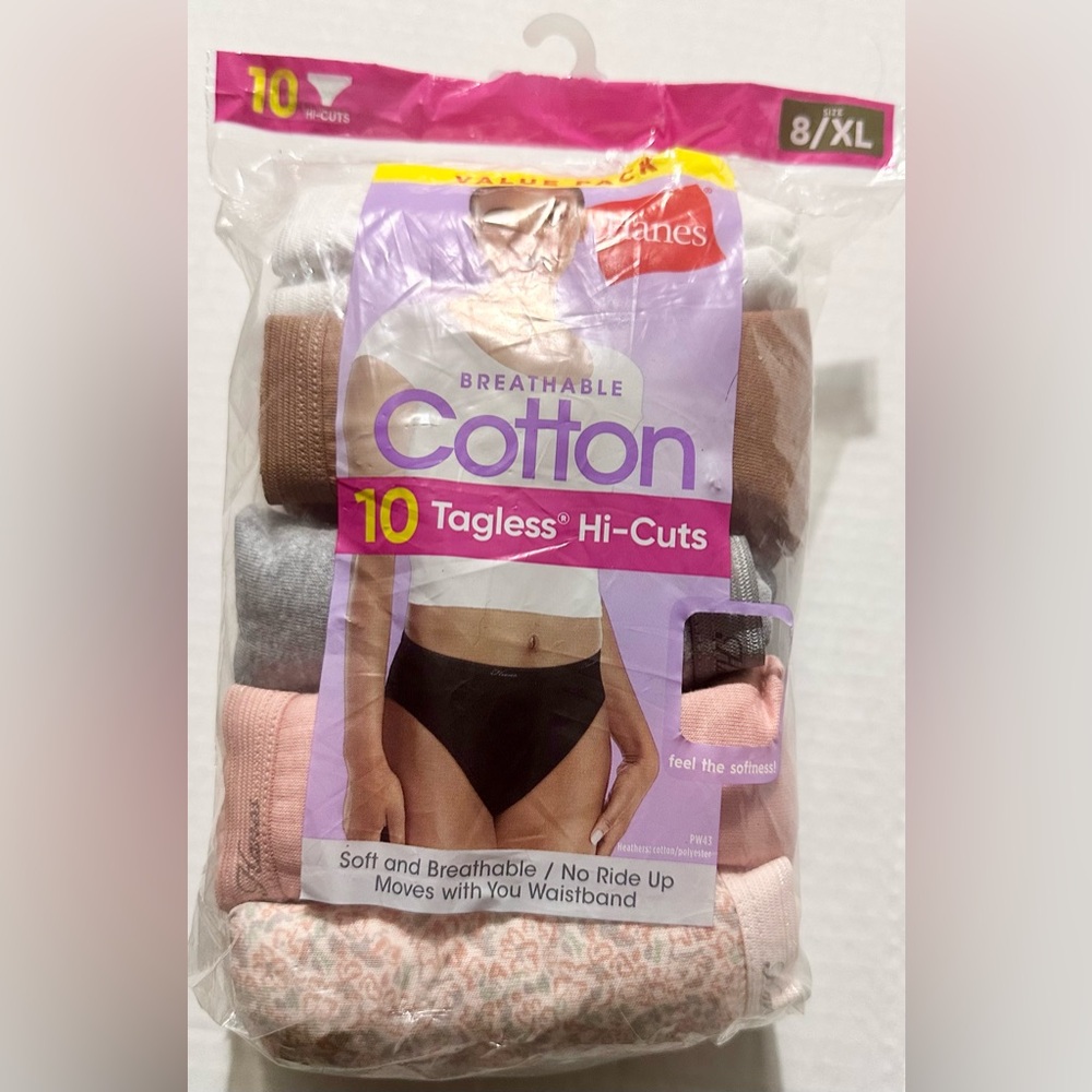 NWT 10 Pc pack Hanes Breathable Cotton Tagless Hi-Cut Panties Women's Size 8 XL